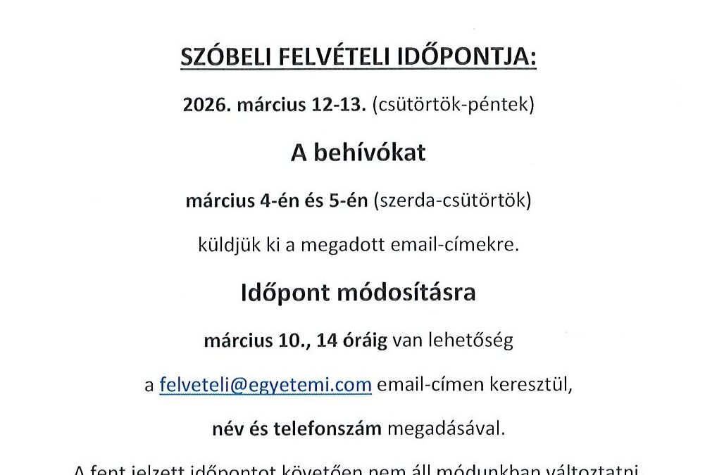 JELENTKEZÉS A 2026-2027-es TANÉVRE